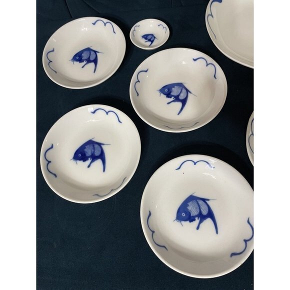 Vintage 7 Piece Blue White Koi‎ Fish Misty Rose Dish Set platter plate. - Picture 3 of 4